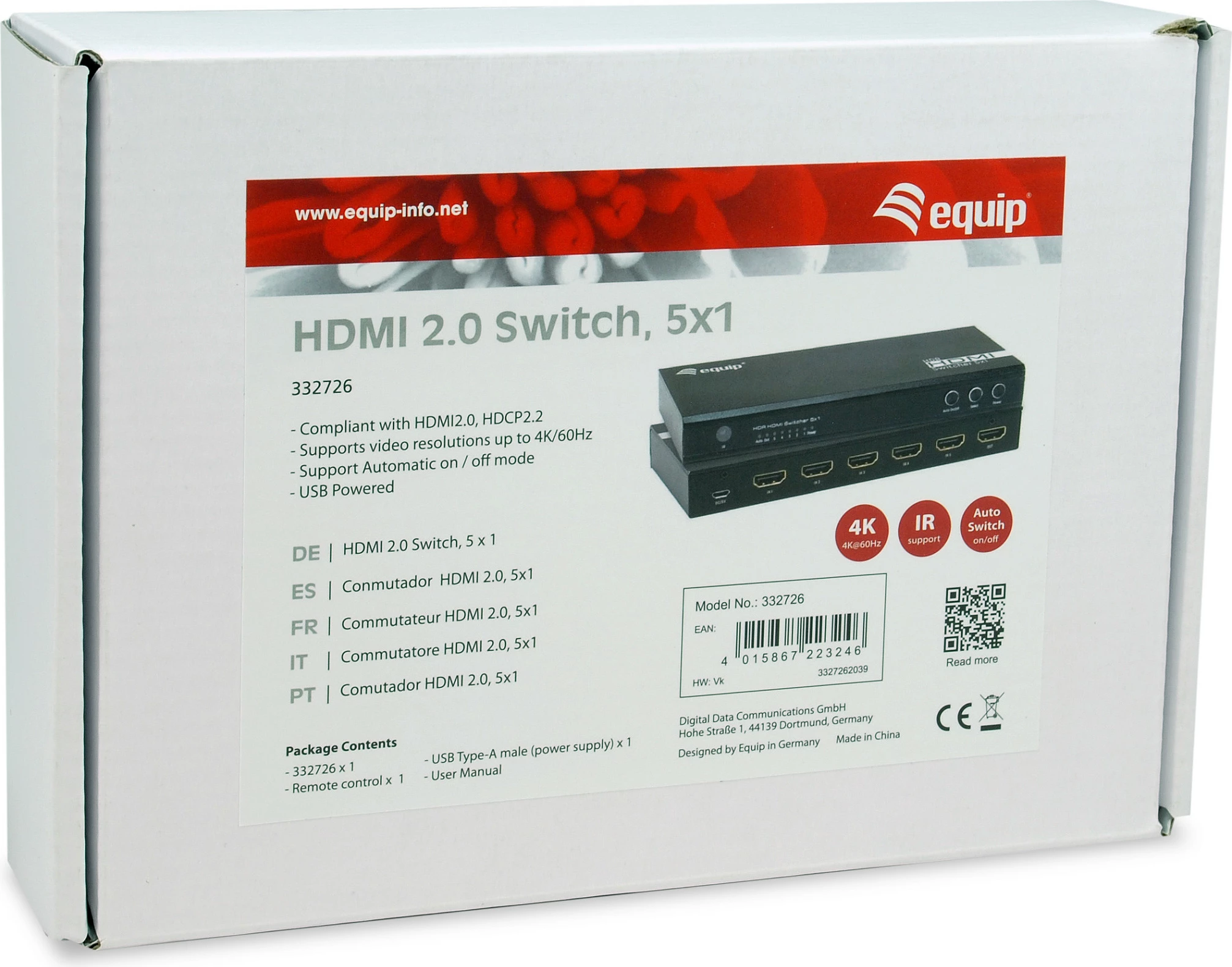 HDMI Switch Equip 332726, 5x1, HDMI 2.0, 4K@60Hz, HDCP 2.2, me telekomandë, i zi