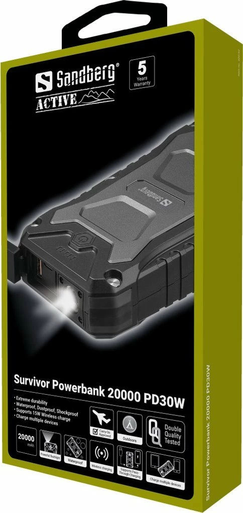 Powerbank Sandberg Survivor PD30W 20000mAh, wireless Qi 15W, IP66, 2x USB-A + 1x USB-C, e zezë