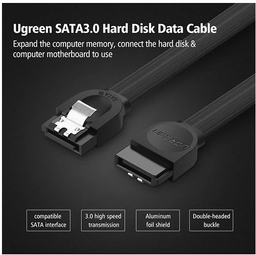 Kabllo SATA 3.0 UGREEN 30796 0.5 m konektor i sheshtë, e zezë, polybag