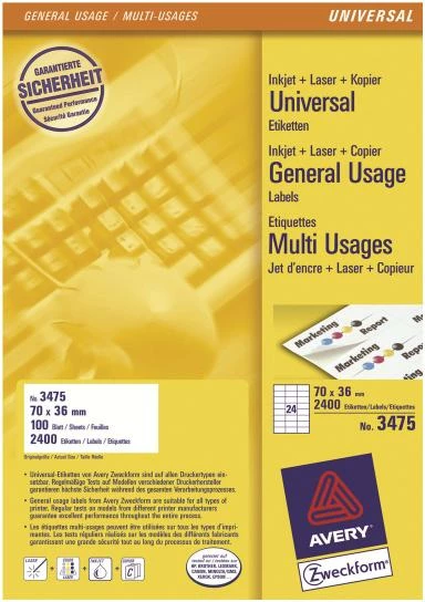 Etiketa universale, Avery Zweckform 3475, 70 x 36 mm, A4, 24 etiketa/fletë, 100 fletë, 2400 etiketa, e bardhë