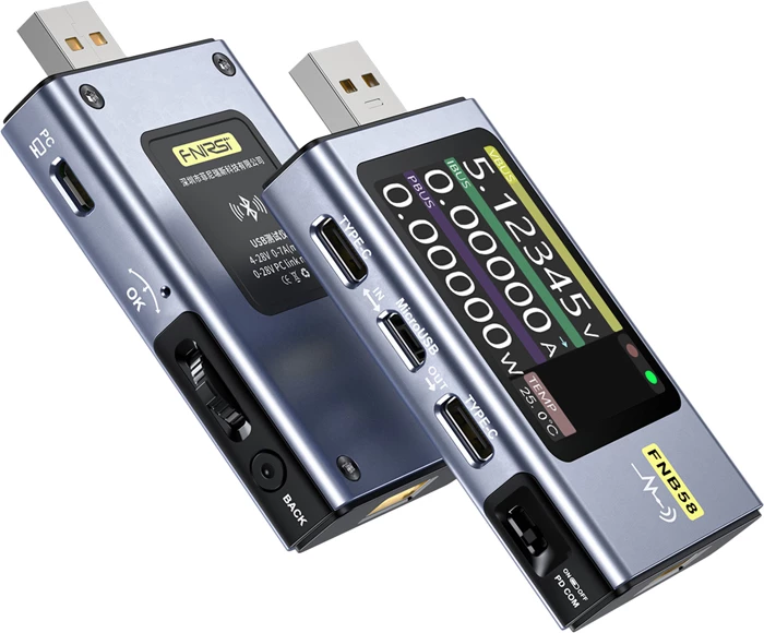 Tester porti USB FNIRSI FNB58 BT, Bluetooth, ekran 2.0", PD3.1 deri 28 V/240 W, argjendtë