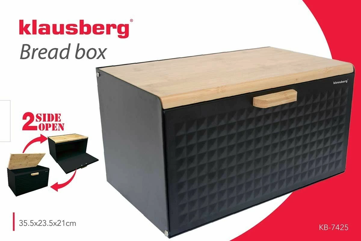 Kuti buke Klausberg KB-7425, bambu-çelik inox, 23.5 x 35.5 x 21 cm, e zezë matte/dru i çelët