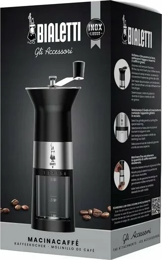 Mulli kafeje Bialetti PRO, manual, gurë qeramikë, 6 nivele bluarje, i zi