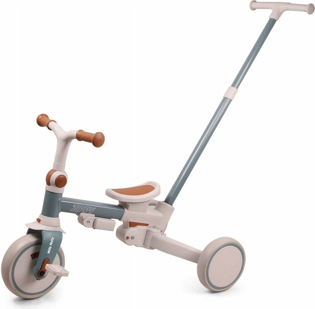 Tricikël fëmijësh Milly Mally Zippy, 12+ muaj, 25 kg max, ulëse rrotulluese 180°, rrota shkumë, kornizë çeliku, me tendë dhe shtytës prindi, Blu