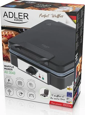 Aparat për vafla Adler AD 3049 1800W, 4 vafla, kontroll temperature, i zi