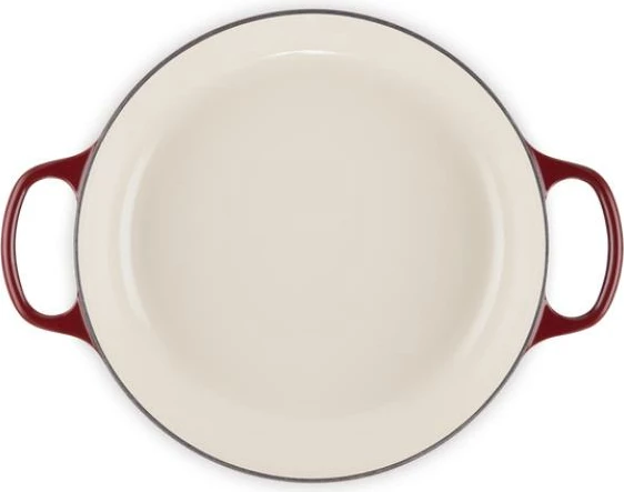 kaserolë e cekët gize, Le Creuset Signature 30 cm, model 21180309494441, me kapak, Rhone e kuqe