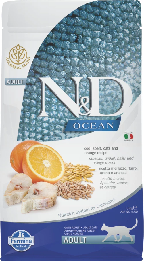 N&D Ocean Morina Peshk me Portokall dhe Tahila për Macet të Rritura 1,5kg