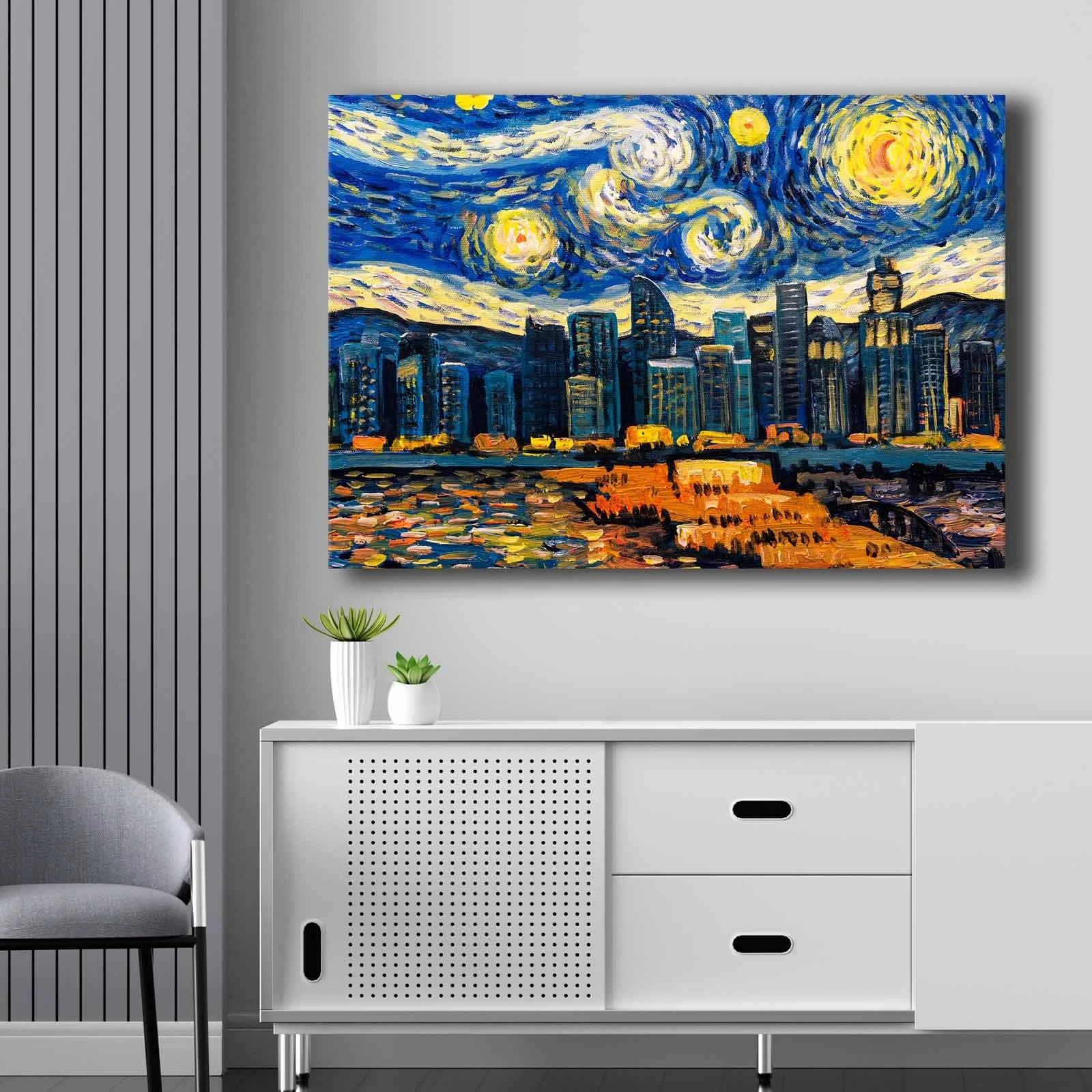 Pikturë dekorative në kanavacë, ngjyra kaltër, kaltër e errët, e verdhë, portokalli, 70x100cm, 70100NISC-036