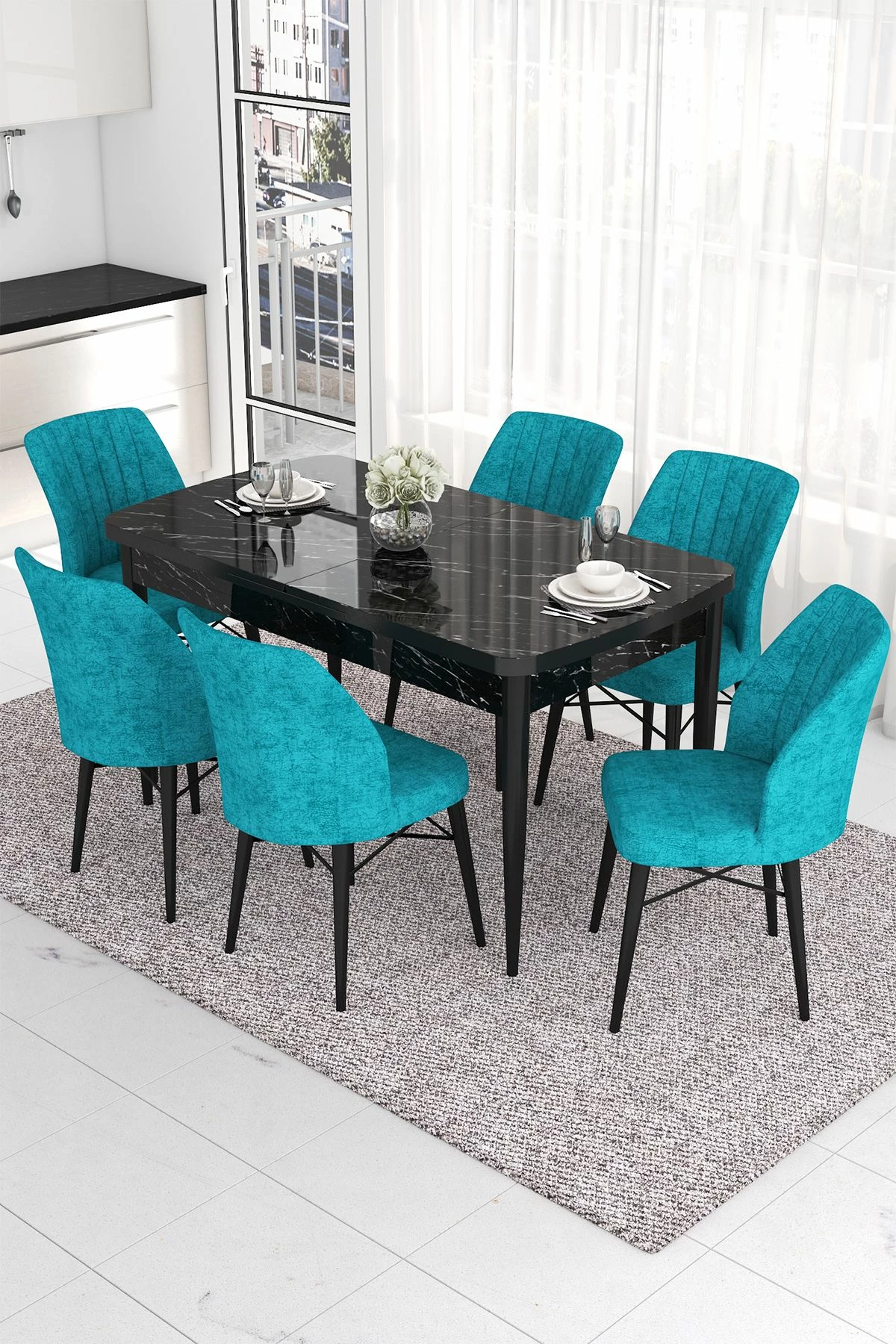 Set tavolinë me karrige, i zgjatshëm, ngjyrë mermeri të zi, karrige turquoise, Skye Decor, 7 copë