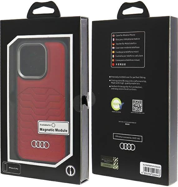 Mbështjellës Audi për iPhone 15 Pro, lëkurë sintetike me MagSafe, Kuq