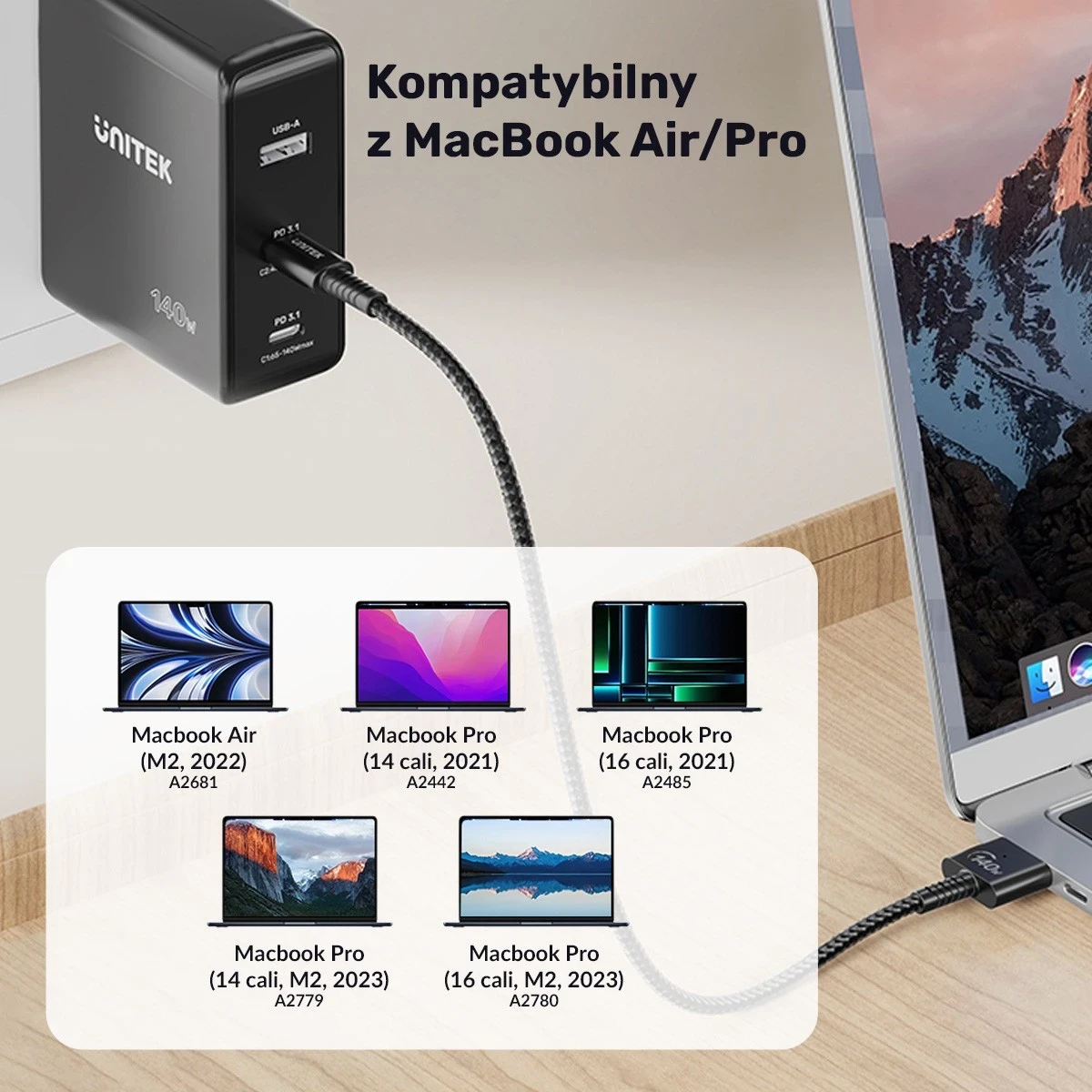 Kabull Unitek USB-C në MagSafe 3, 140W, 2m, ngjyrë e zezë