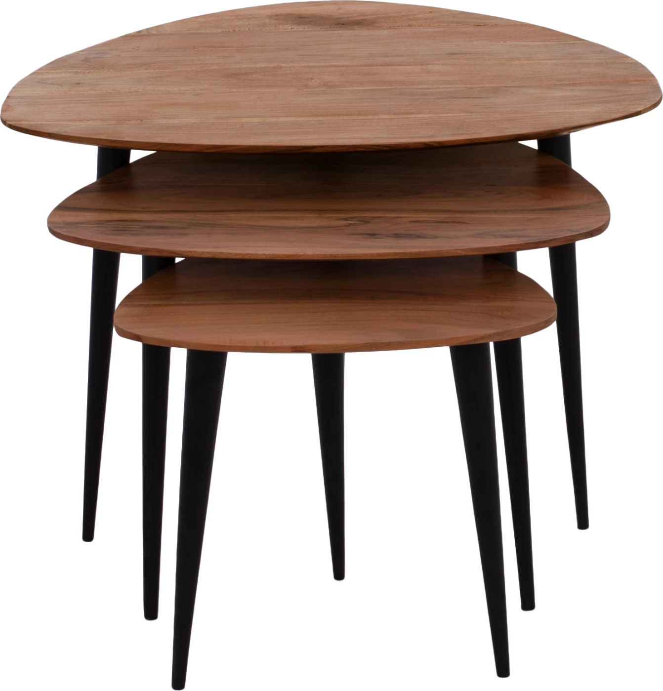 Set 3 tavolina zigon EMILIANO, dru akacie, këmbë metalike të zeza, FH9256, 69.5x67x46cm