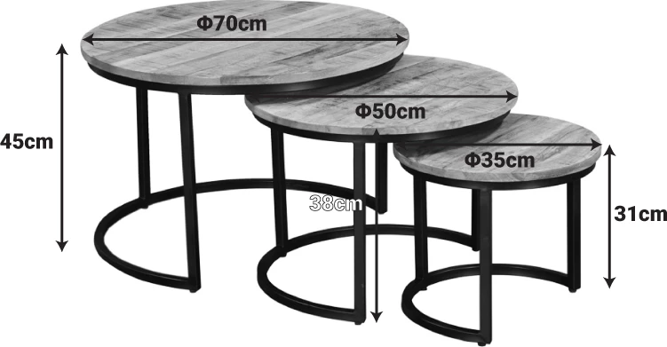 Set tavolinash kafeje Frina, dru mango, ngjyrë arre, këmbë metalike të zeza, 3 copë