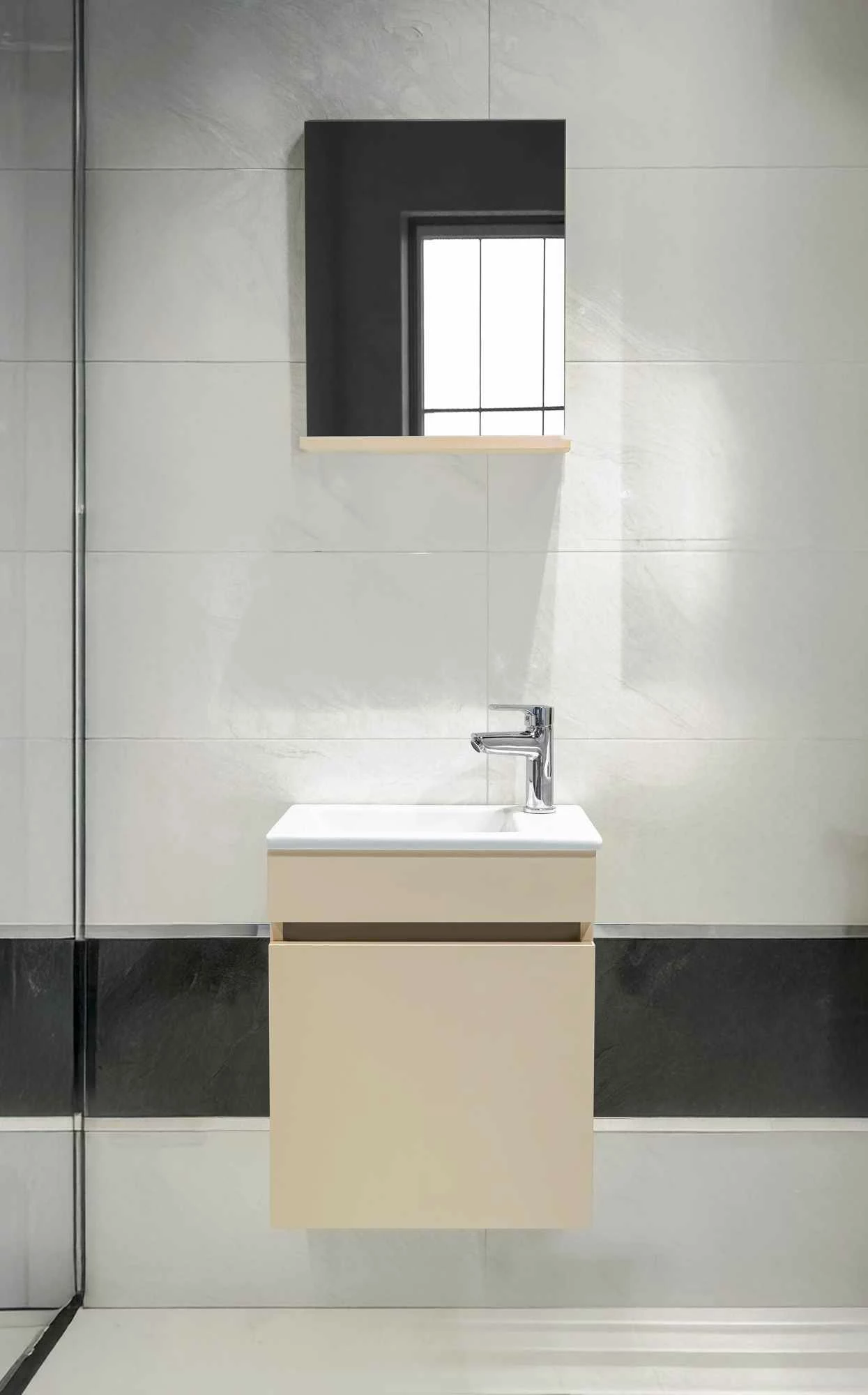 Dollap banjoje, ngjyrë mink, Skye Decor, me lavaman dhe pasqyrë