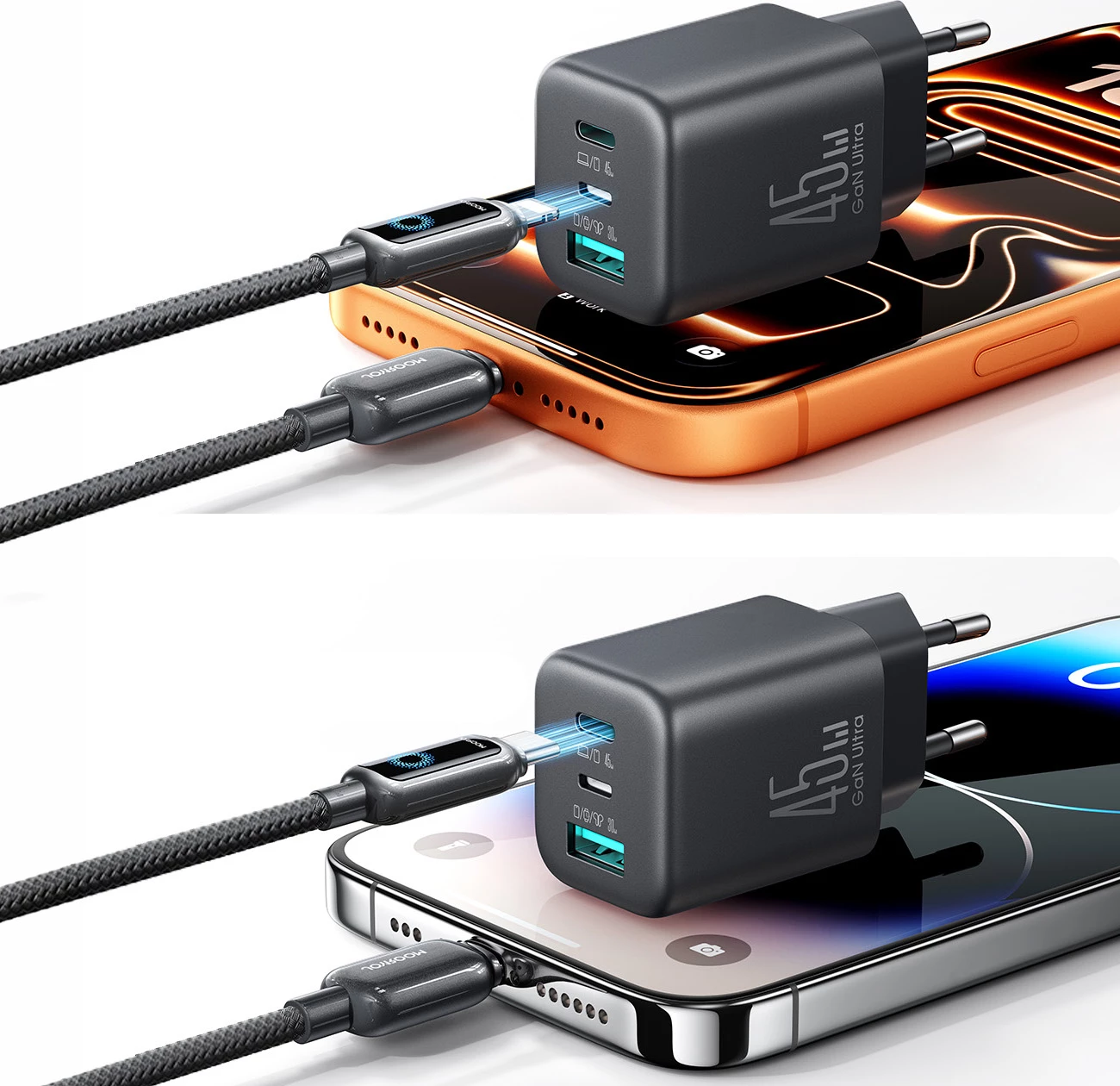 Karikues muri Joyroom JR-TO1 GaN 45W 3 porta (USB-C/Lightning/USB-A) prizë EU, i zi