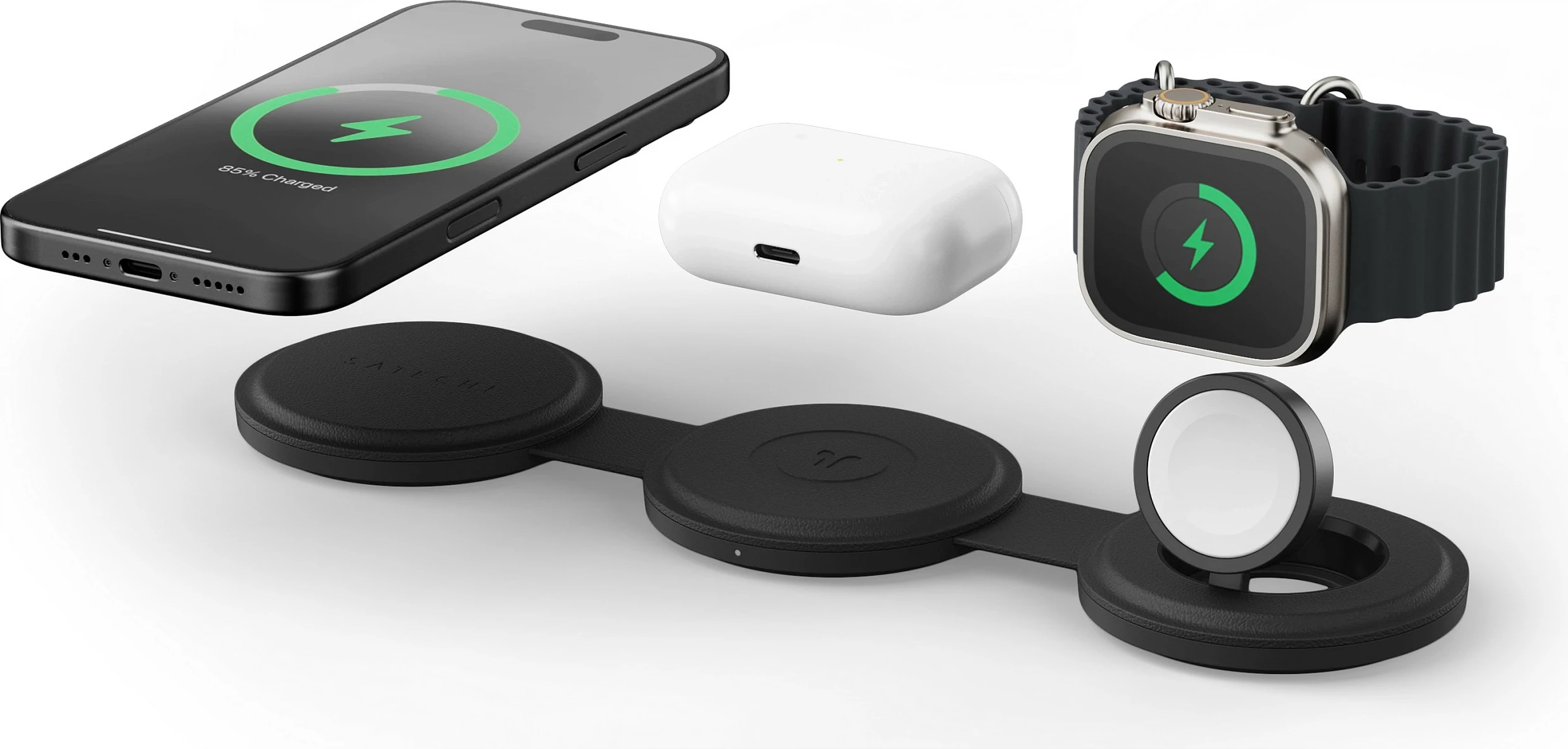 Karikues wireless Satechi OntheGo ST-QTG31K, Qi2, 3-në-1, 15W, i zi