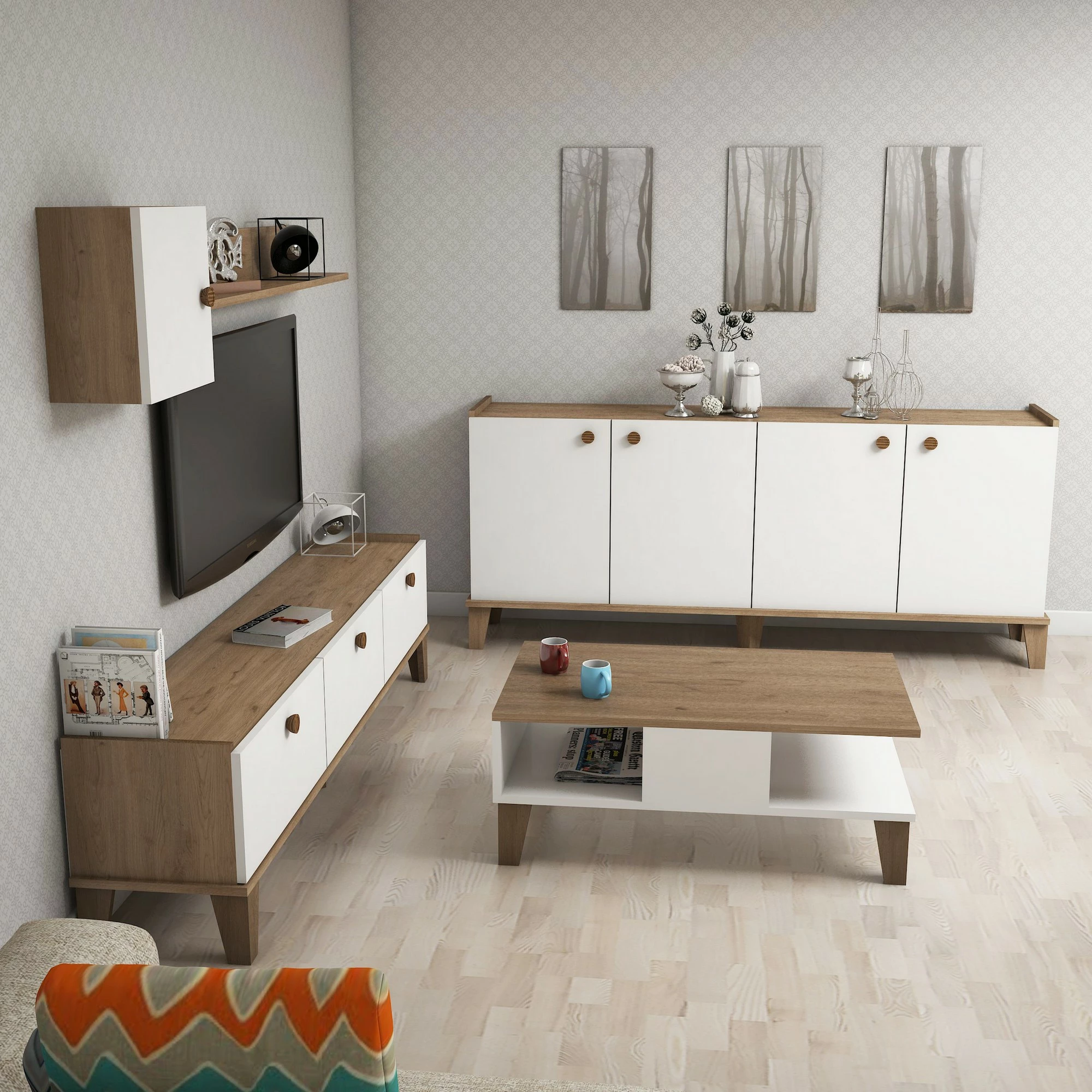 Set mobiljesh për dhomë dite, Hanah Home, Sumer 3, ngjyrë lis dhe e bardhë