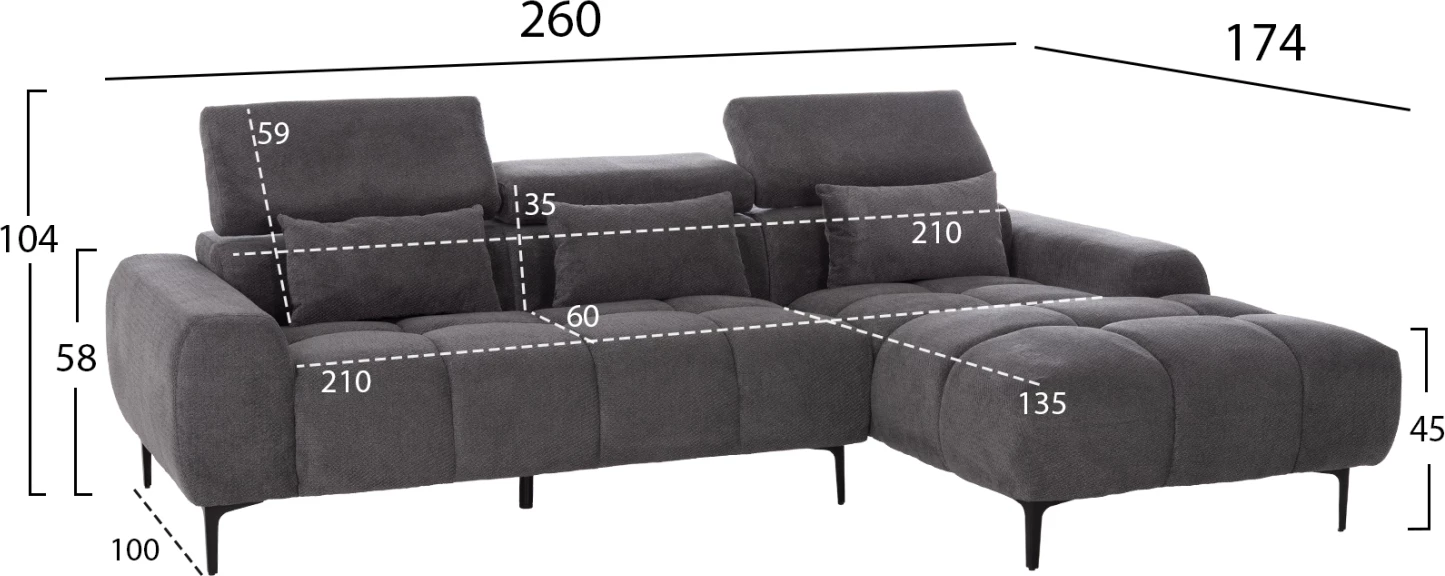 Kënd divan i djathtë DIVYA, material gri, 264x175x99cm