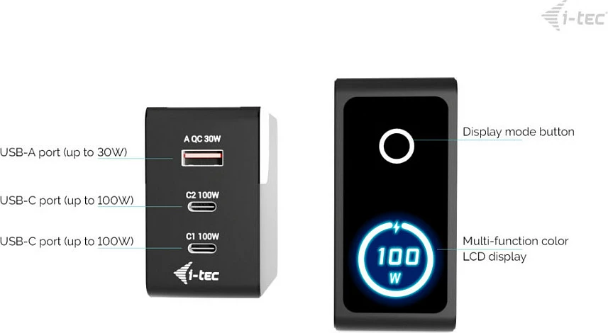 Karikues USB I-TEC 100W, 2x USB-C + 1x USB-A, me ekran LCD, i zi