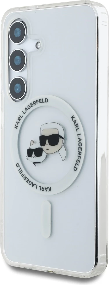 Mbështjellës Karl Lagerfeld Button Karl & Choupette Heads Printed Logo MagSafe për Samsung Galaxy S25 Plus, bardhë
