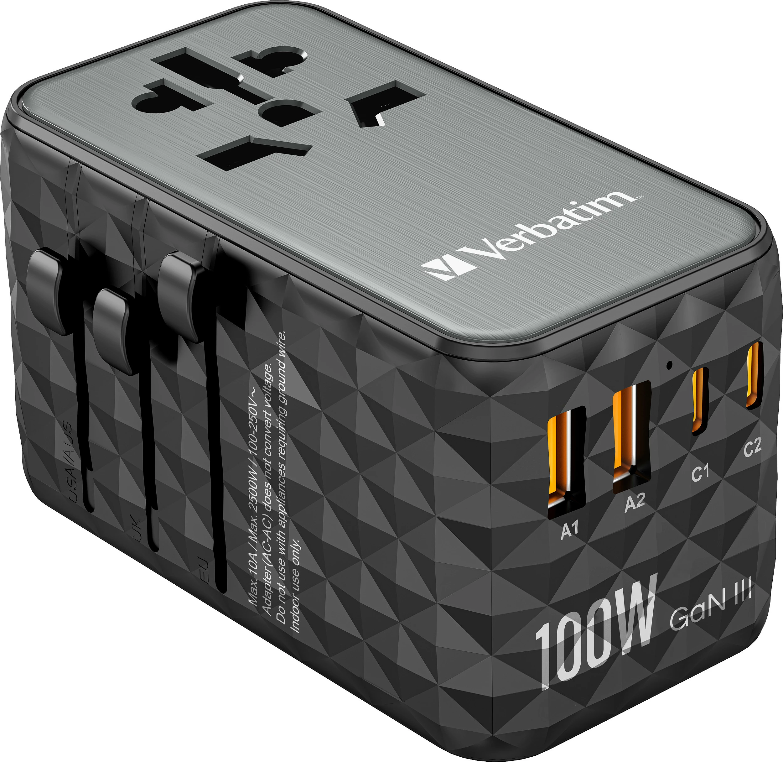 Adapter udhëtimi Verbatim UTA-06 GaN III, 100W, 2x USB-C PD, 2x USB-A QC, i zi