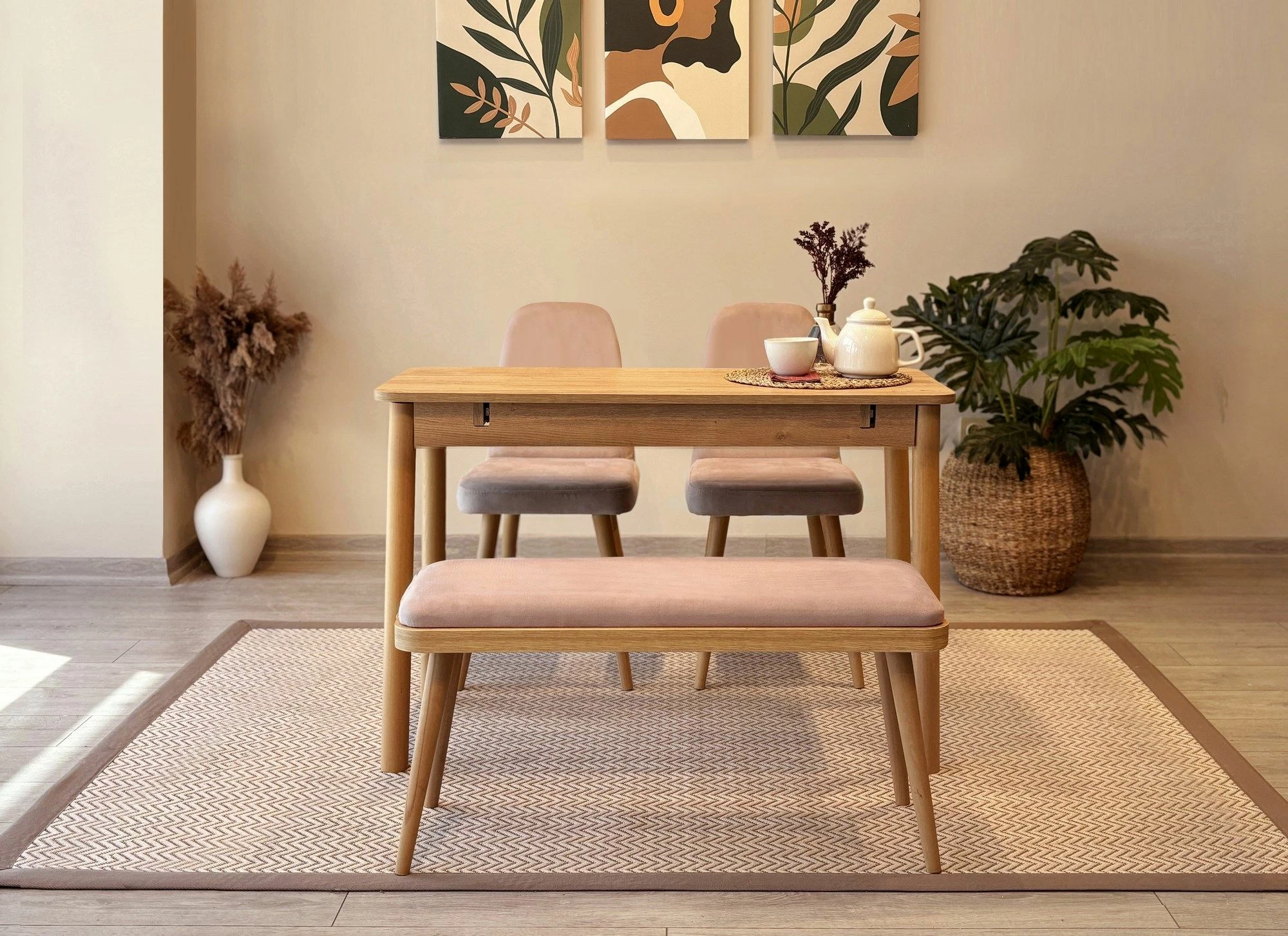 Set tavoline me karrige, zgjatues, 4 pjesë, Skye Decor, Vina Mini 01 0900, ngjyrë lis dhe gur