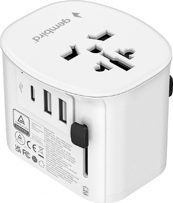 adapter udhëtimi universal me tokëzim, Gembird TPA-EU2A1C15-01-W, 15 W, 3x USB, i bardhë