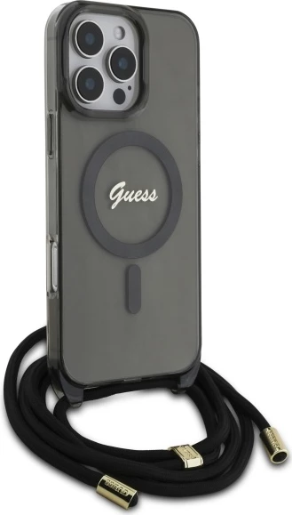 Mbështjellës Guess Crossbody Cord Script MagSafe për iPhone 16 Pro, i zi