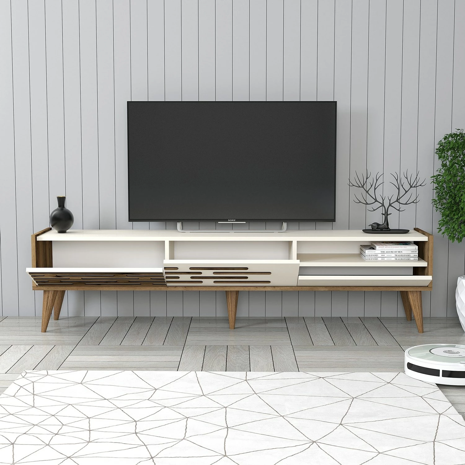 Komodë TV Skye Decor, Valensiya, ngjyrë arre dhe krem