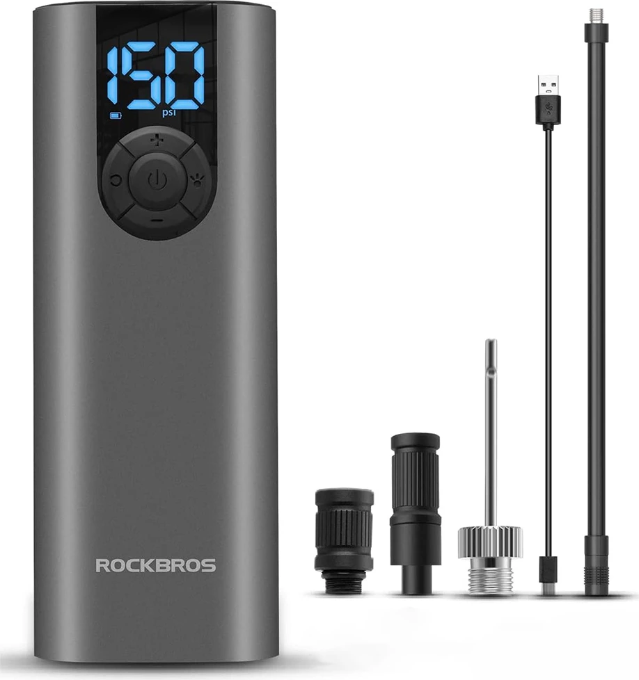 Pompë elektrike për biçikletë Rockbros 42720001001 me ekran LED, 5200 mAh, USB-C, e zezë, set me adapterë
