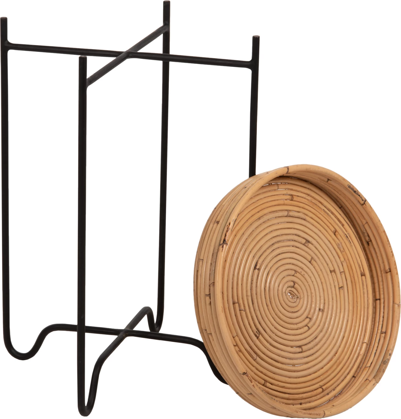 Tavolinë anësore rrethore FLY, rattan natyral, bazë metalike e zezë, Φ40x53H cm