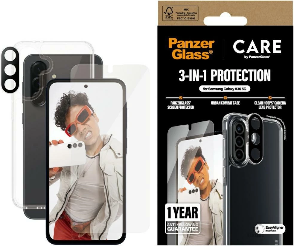 Set mbrojtës 3-në-1 për celular Samsung Galaxy A36 5G, PanzerGlass CARE, kasë + xham + mbrojtës lente, Transparent