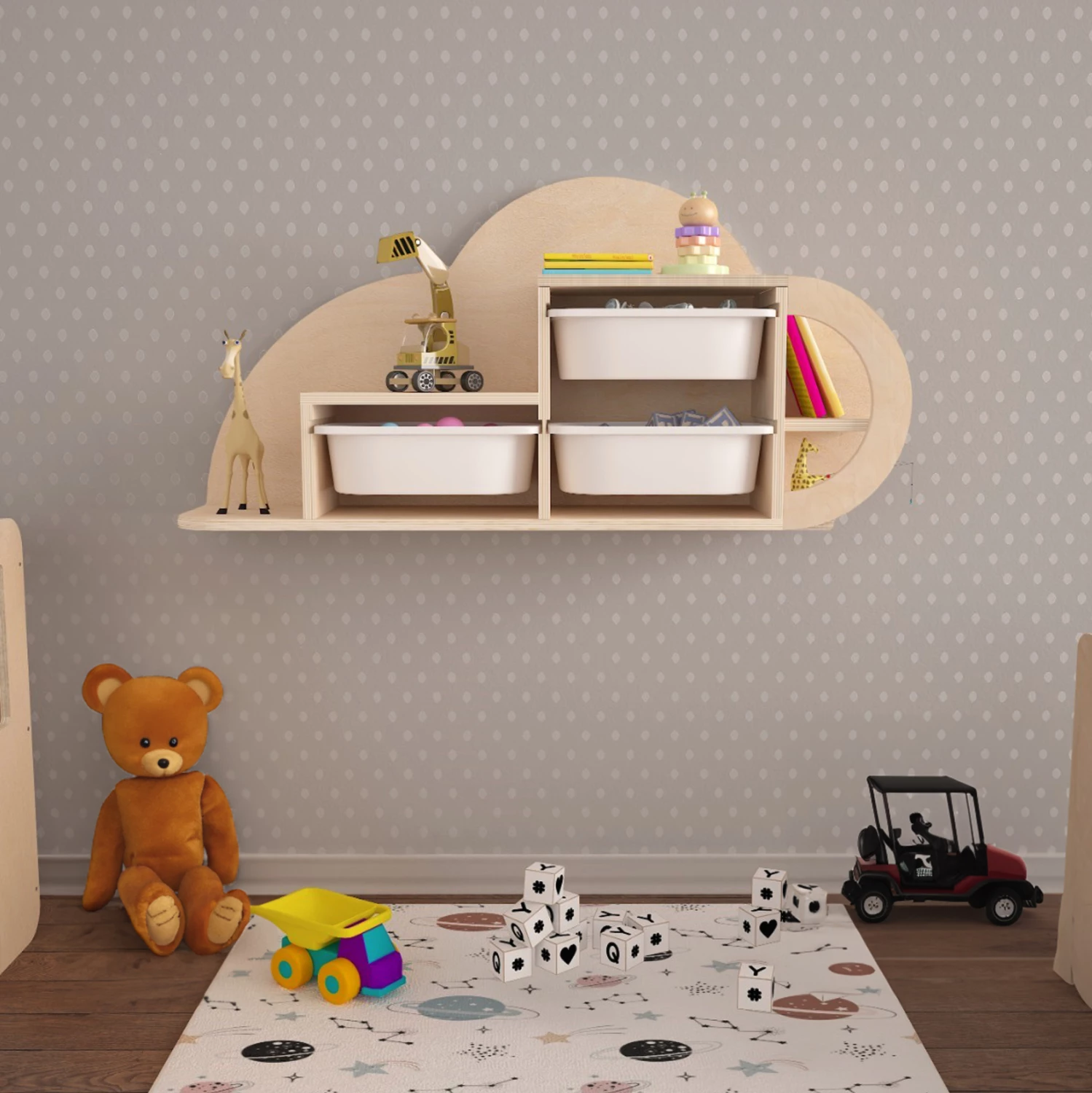 Raft muri COBB FH18227.03 dru thupër ngjyrë natyrale-bardhë e kaltër P.E. sirtarë 98x22,5x48,5H cm