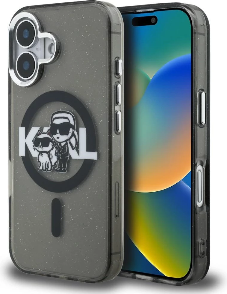 Mbështjellës MagSafe Karl Lagerfeld IML Glitter Karl & Choupette Sketch Logo për iPhone 16, i zi, në kuti
