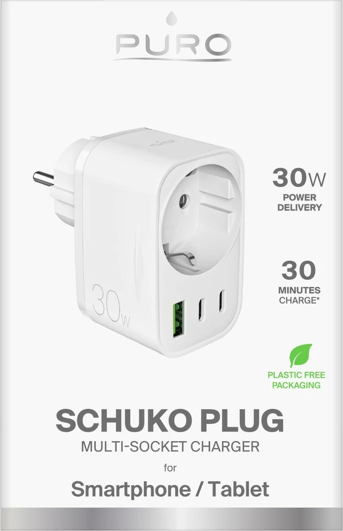 Karikues muri Puro PUTCSPUSBA2C30WWHI 30W PD, 2x USB-C + 1x USB-A, prizë Schuko, i bardhë
