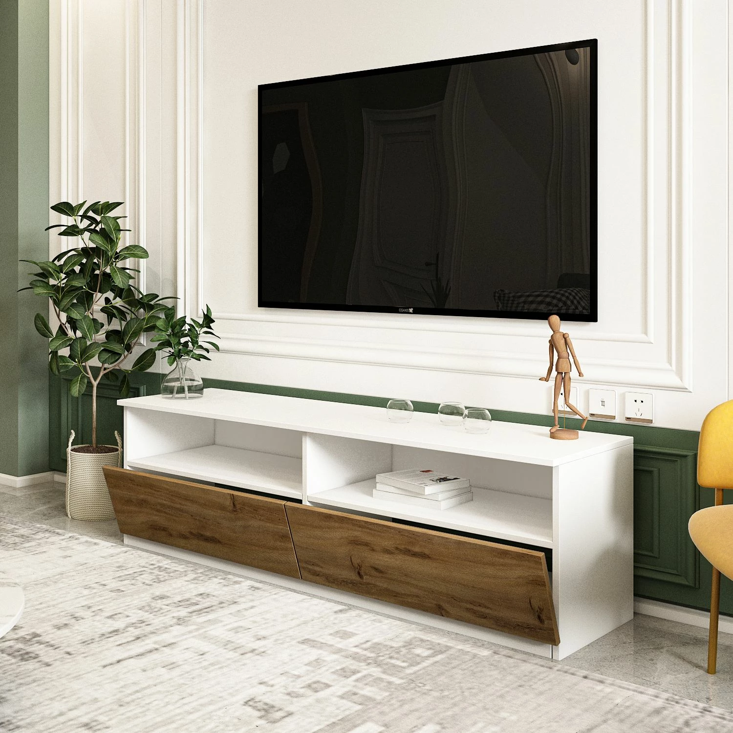 Konsolë TV, ngjyrë e bardhë dhe natyrale, Skye Decor, Centra