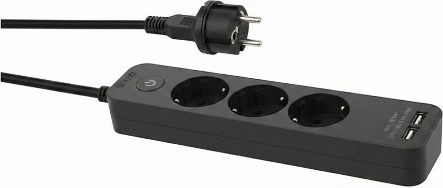 Zgjatues rryme Helos ADVANCED, 3 priza, 2x USB karikues, 1.5 m, me çelës, i zi