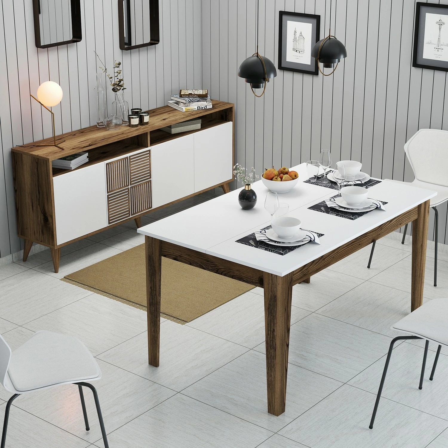 Set mobiljesh për dhomë dite, Skye Decor, Milan 522, ngjyrë arre dhe e bardhë