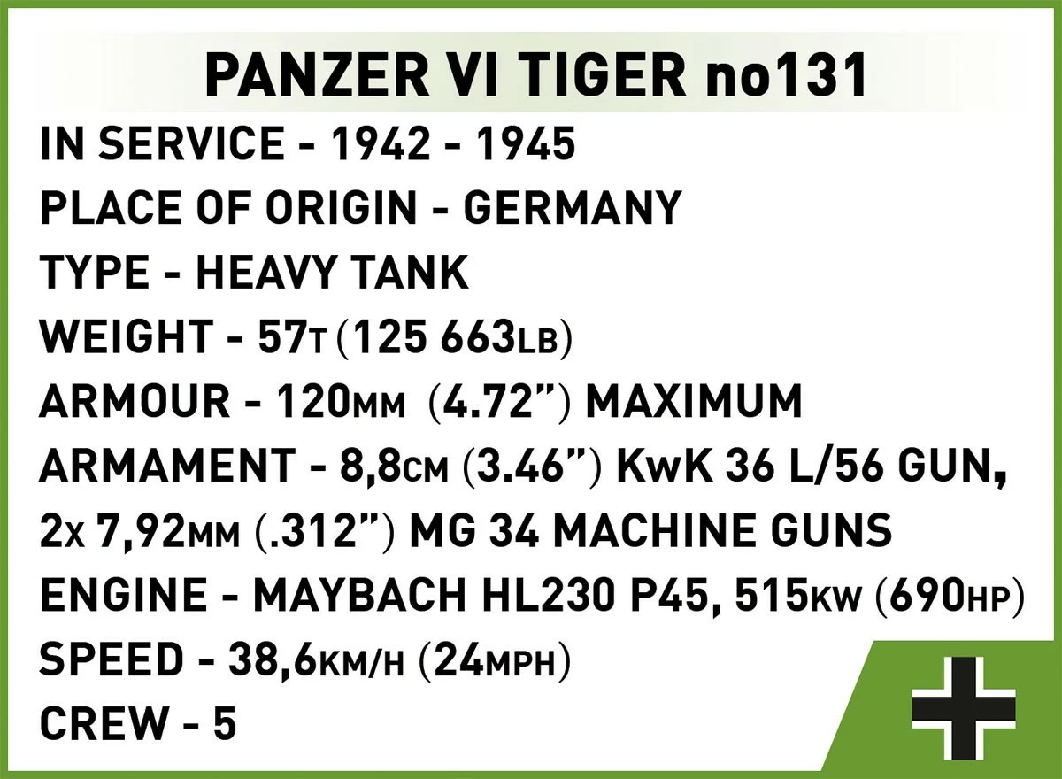 Set blloqesh Cobi Klocki Panzer VI Tiger no131, 1275 pjesë, 1:28, plastikë