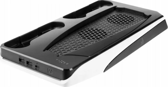 Stacion karikimi Fixed FIXPS5-MCS-BW për PS5/PS5 Slim, 2x karikim DualSense, ftohje me 2 ventilatorë, mbajtëse 12 lojëra, Zi/Bardhë
