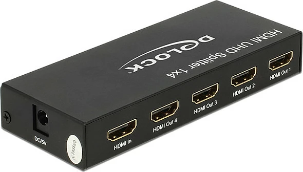 Splitter HDMI DeLOCK 18684, 1x HDMI në 4x HDMI, 4K, metal, i zi