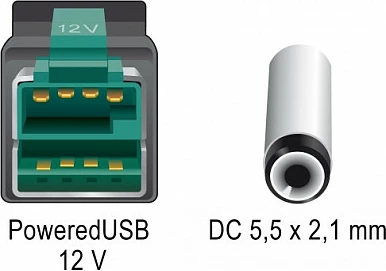 Kabllo PoweredUSB në DC 5.5x2.1mm DeLOCK 85497, 1m, 12V, e zezë