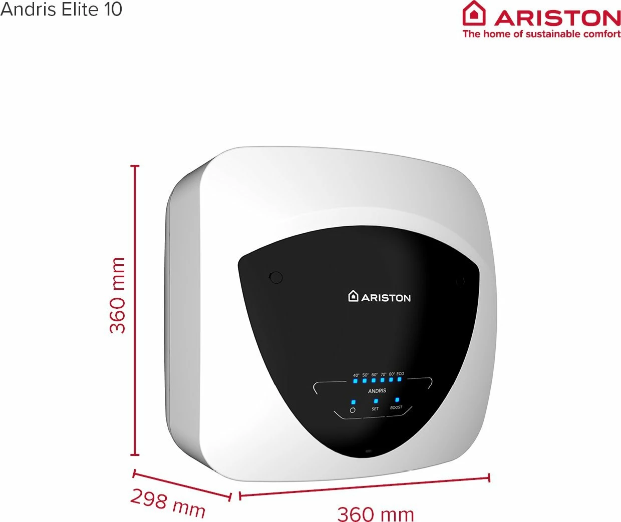 Bojler elektrik Ariston Andris Elite 3105086 10 L 2 kW, instalim vertikal nën lavaman, bardhë/zi