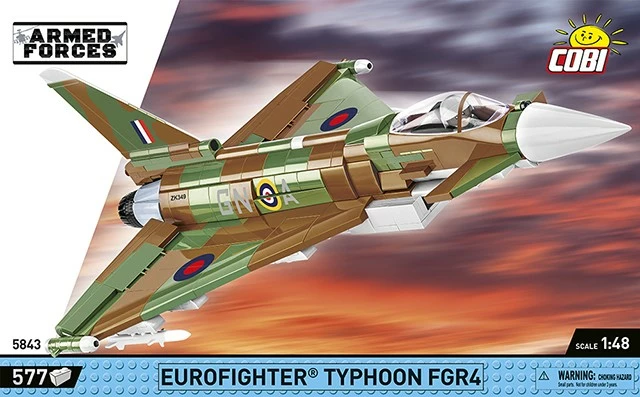 Set blloqe ndërtimi, Cobi Klocki, 5843 Eurofighter Typhoon FGR4 1:48, 577 pjesë, plastikë, me bazë ekspozimi, kamuflazh RAF