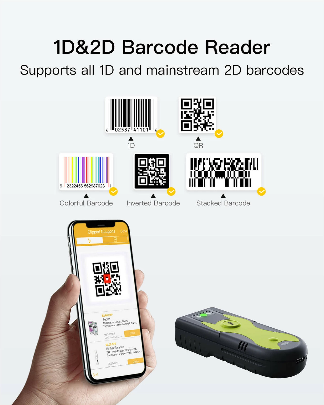 Skaner barkodi Inateck BCST-42, 2D QR, Bluetooth 5.0, USB/2.4G, zi/gri/jeshile