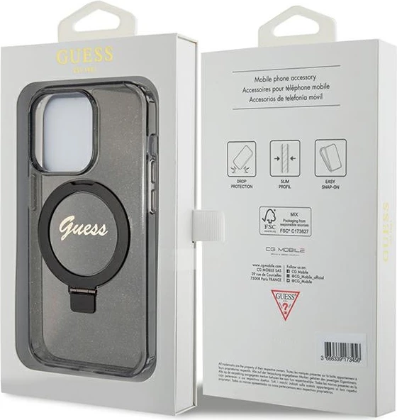 Mbështjellës Guess Ring Stand Script Glitter MagSafe për iPhone 15 Pro, i zi
