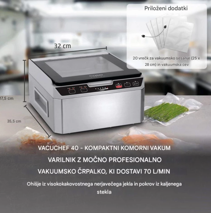 Makinë vakumimi me dhomë CASO VacuChef 40 280W, 70 L/min, saldim i dyfishtë 25 cm, set me 20 qese + tub vakumi, Inoks