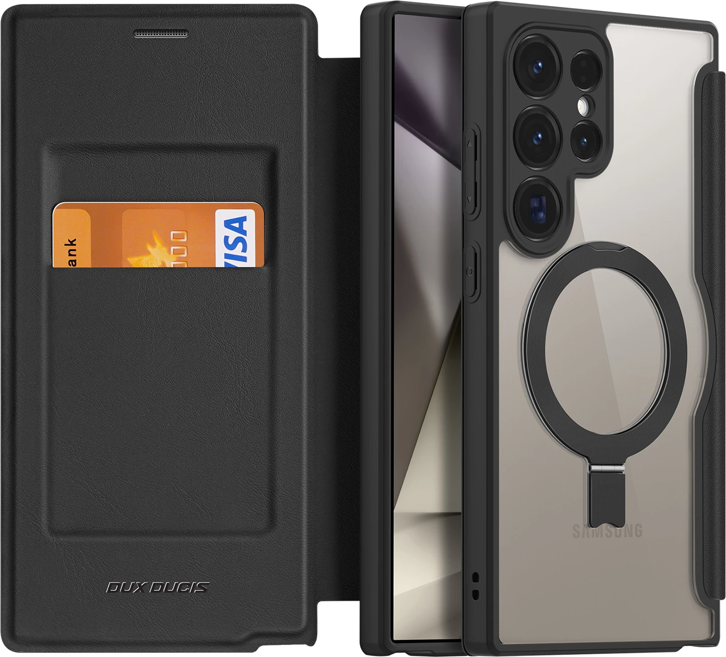 Mbështjellës Dux Ducis Skin X Pro me kapak dhe unazë magnetike për Samsung S24 Ultra, i zi