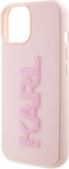 Mbështjellës Karl Lagerfeld 3D Rubber Glitter Logo për iPhone 15 Plus, rozë