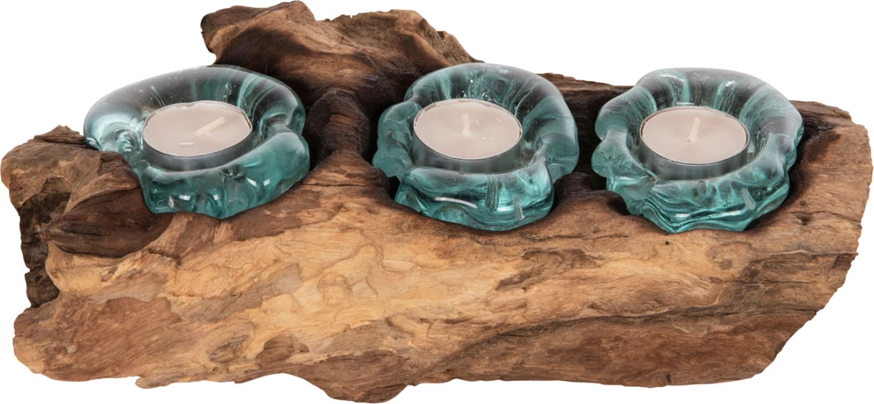 Dekor Tavoline FH4282 bazë qirinjsh-3 vende-dru TEAK i fortë dhe qelq-natyral